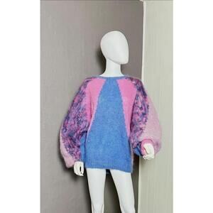 1990's Lavender + Pink + Blue Mohair Pullover Sweater Hand Made Balloon Sleeve